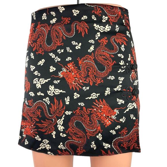 ZARA Women's Multi Chinese Dragon Print Silky Satin Slip Straight Mini Skirt XS - Picture 1 of 6